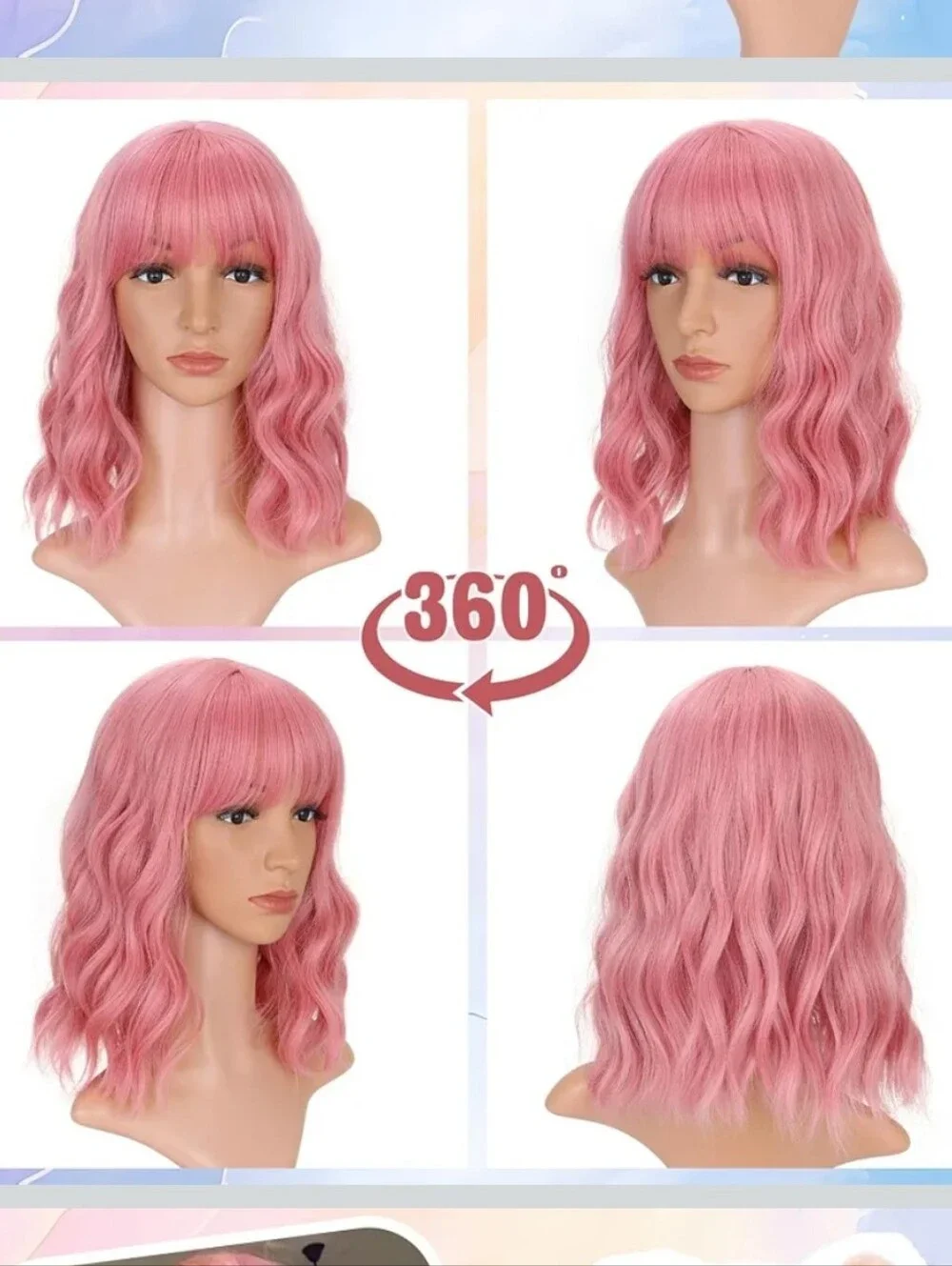 NWT 14Inches Loose Wave Bob Wig Wavy Pink Bob Wig with Air Bang Curly Hair Wigs